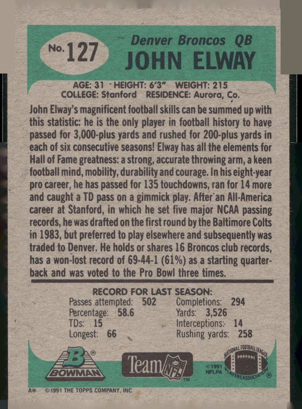 1991 Bowman #127 John Elway