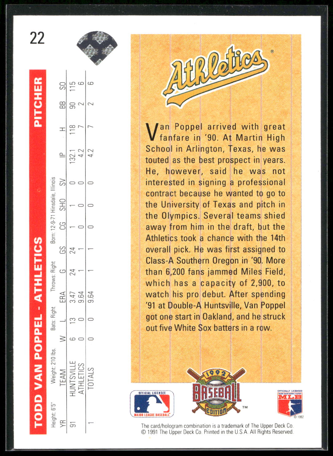 1992 Upper Deck #22 Todd Van Poppel