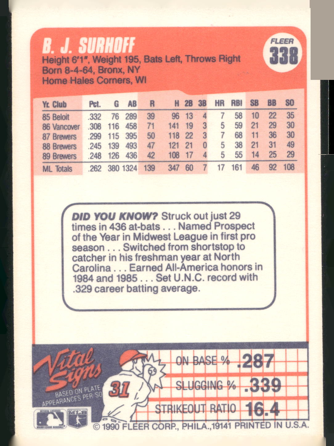1990 Fleer #338 B.J. Surhoff