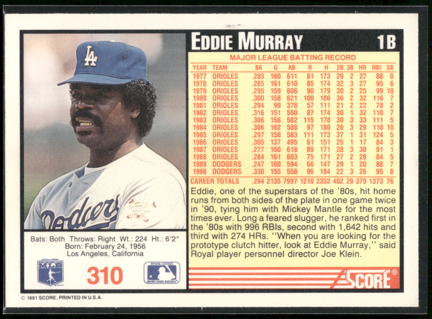 1991 Score #310 Eddie Murray