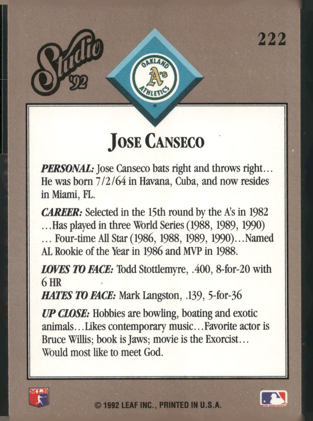 1992 Studio #222 Jose Canseco