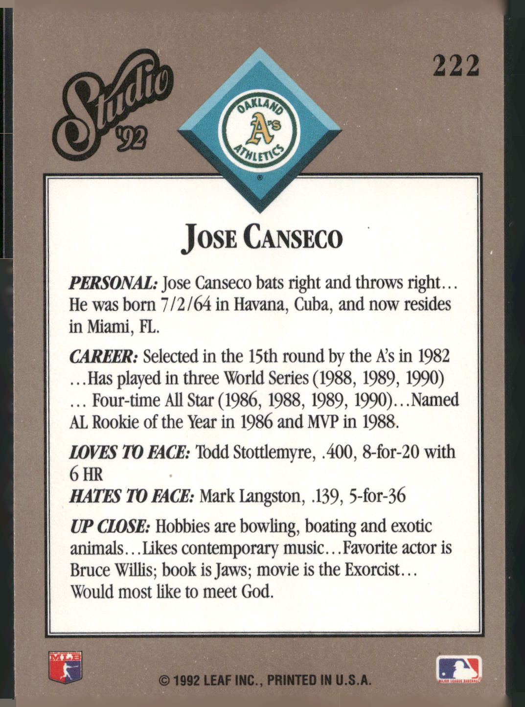 1992 Studio #222 Jose Canseco