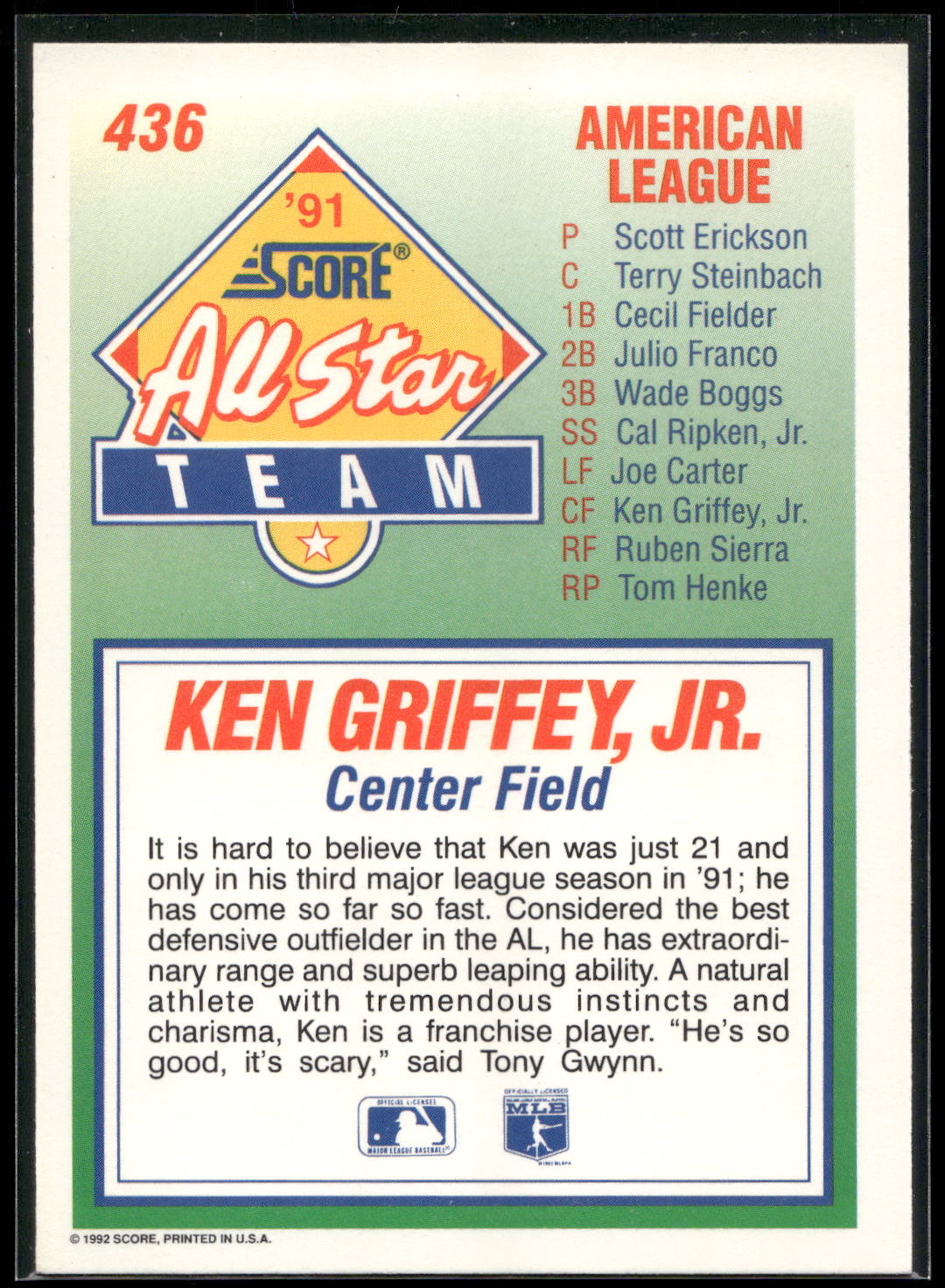 1992 Score #436 Ken Griffey, Jr.