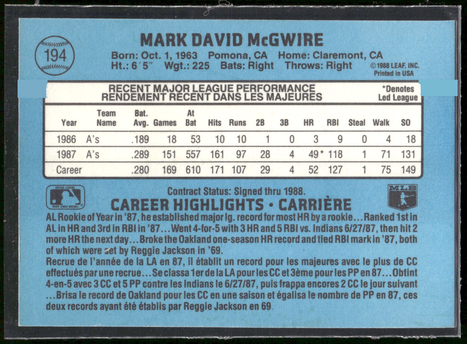 1988 Leaf #194 Mark McGwire