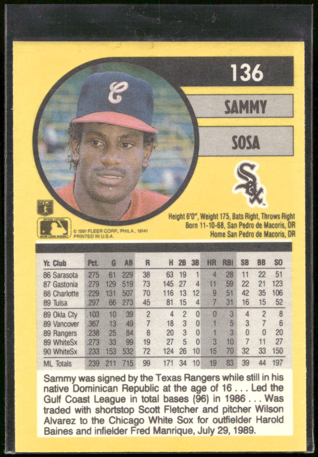 1991 Fleer #136 Sammy Sosa