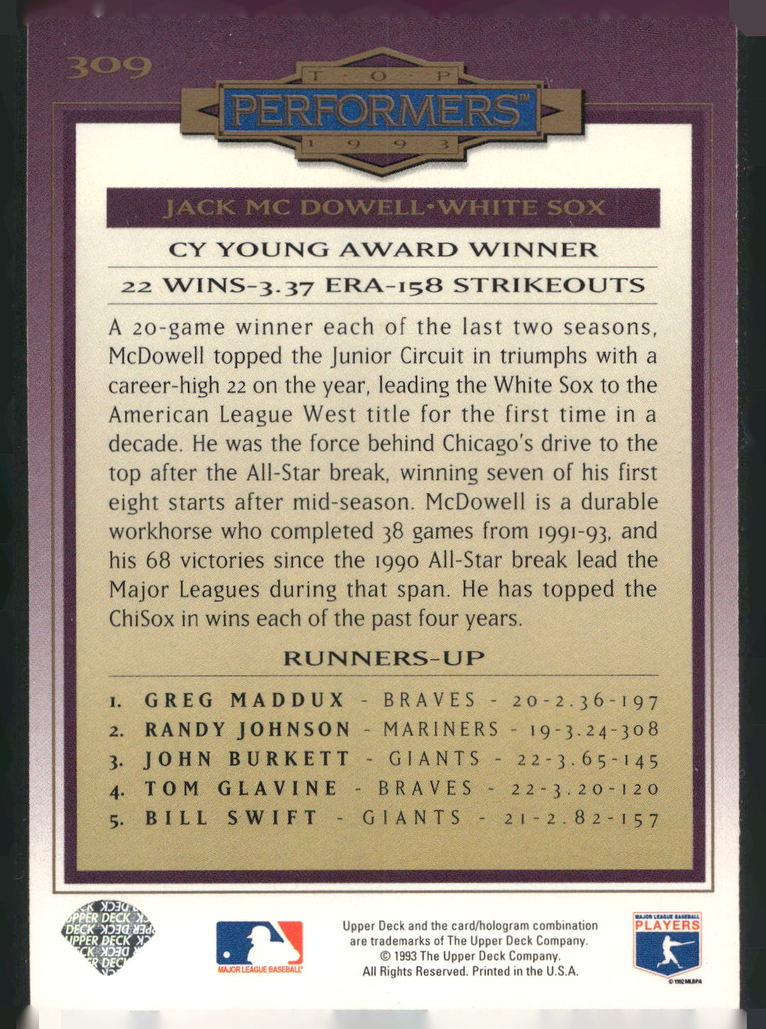 1994 Collector's Choice #309 Jack McDowell