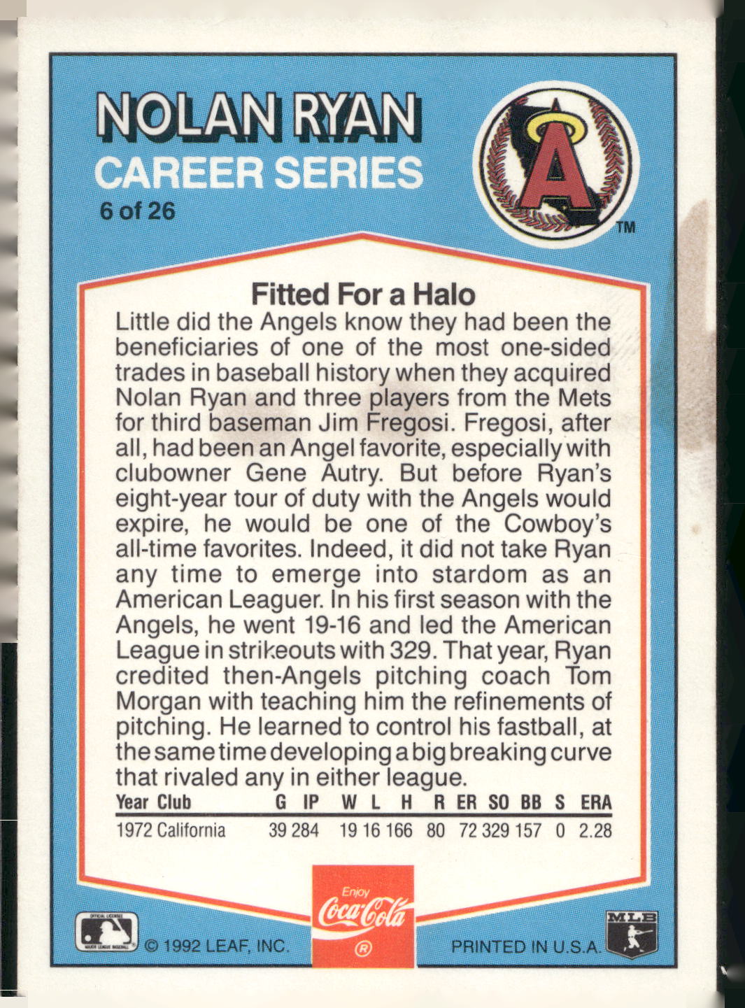 1992 Donruss Coca-Cola Nolan Ryan #6 Nolan Ryan