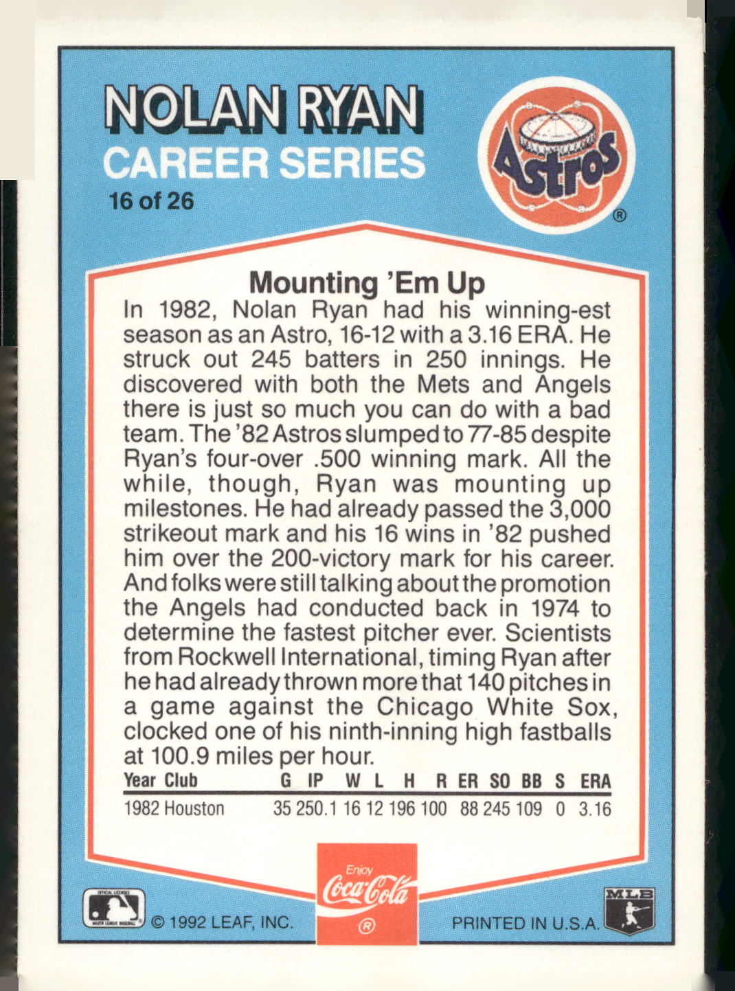 1992 Donruss Coca-Cola Nolan Ryan #16 Nolan Ryan