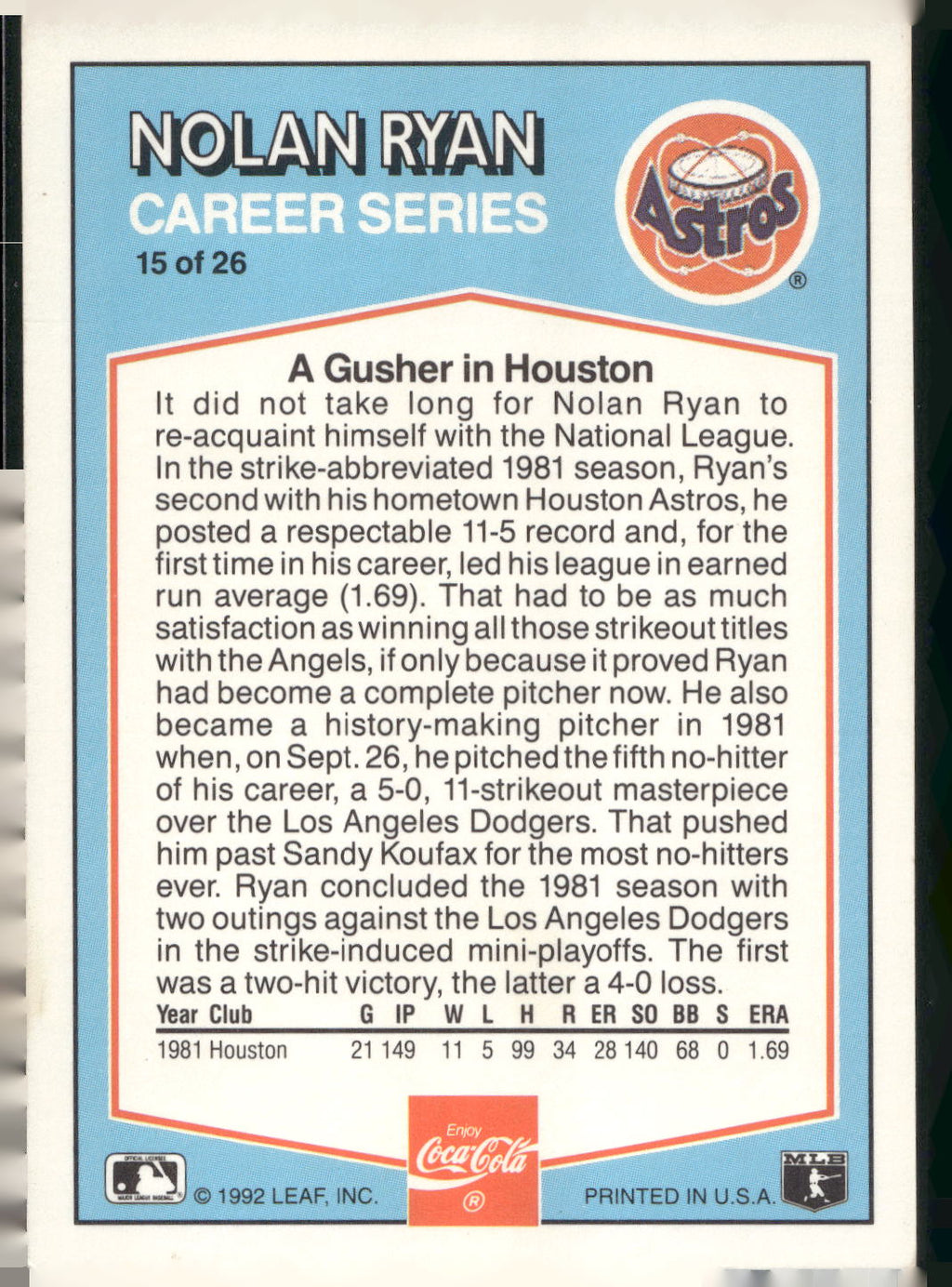 1992 Donruss Coca-Cola Nolan Ryan #15 Nolan Ryan