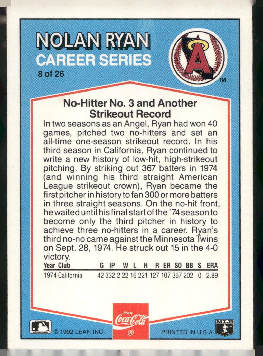 1992 Donruss Coca-Cola Nolan Ryan #8 Nolan Ryan