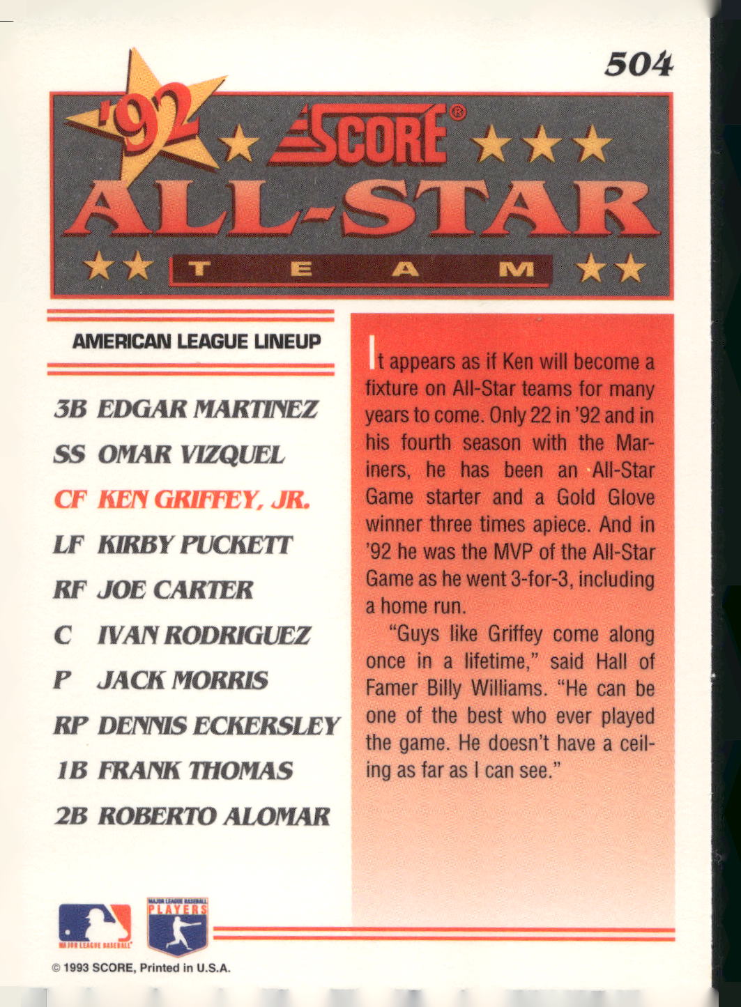 1993 Score #504 Ken Griffey Jr.