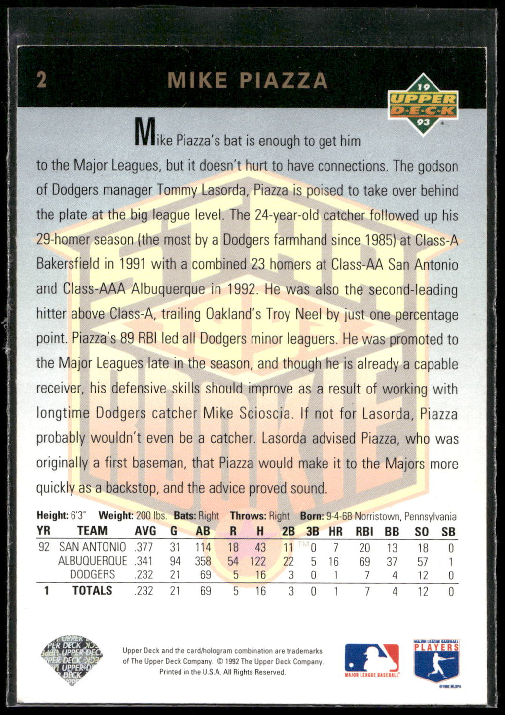 1993 Upper Deck #2 Mike Piazza