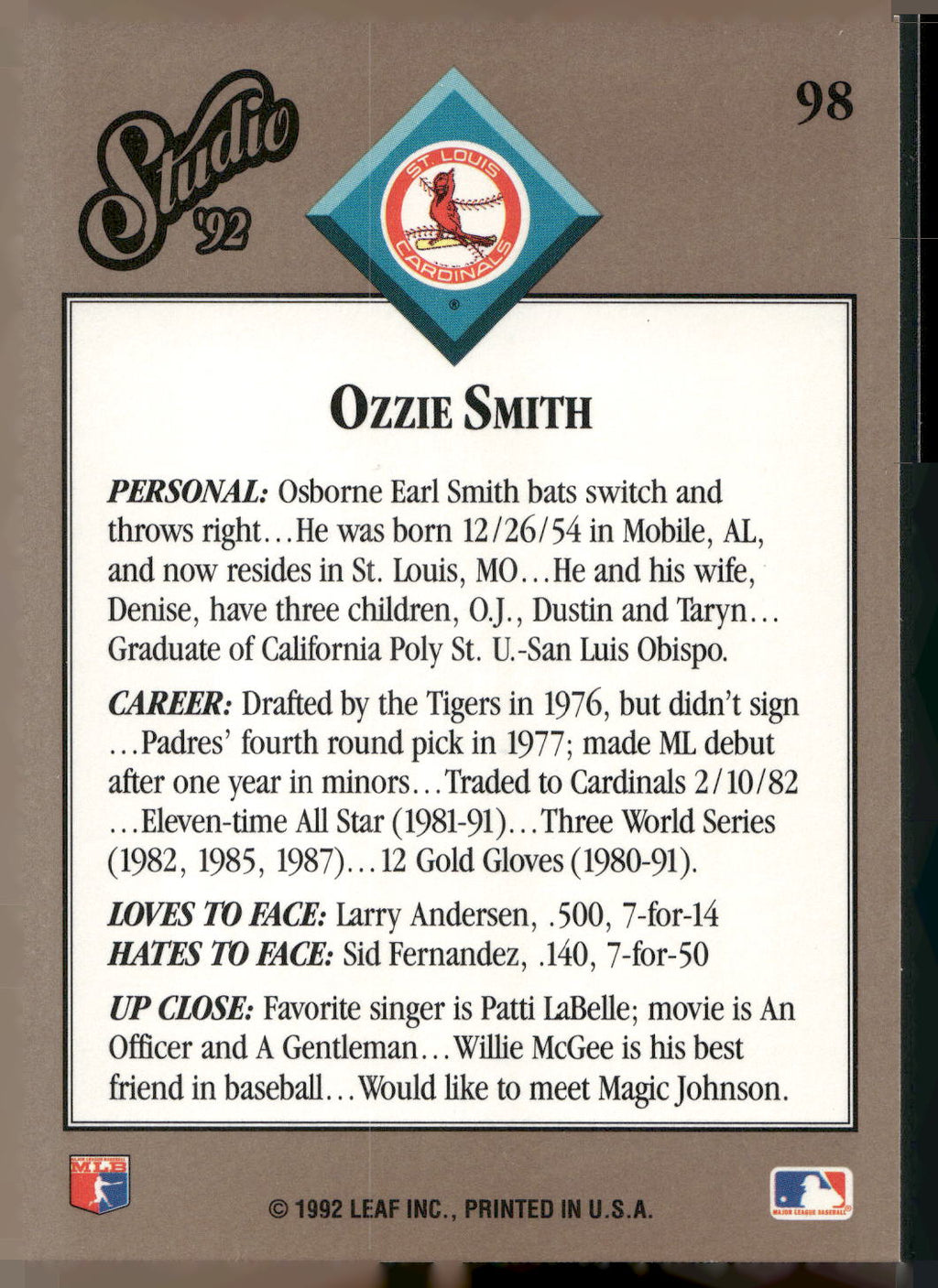 1992 Studio #98 Ozzie Smith