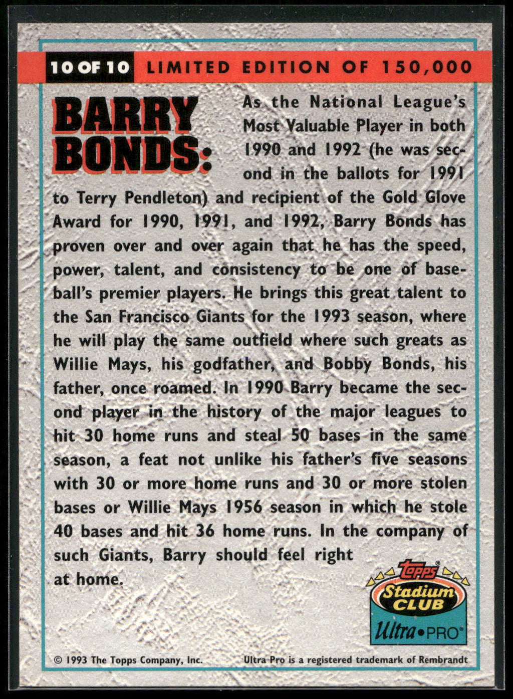 1993 Stadium Club Ultra-Pro #10 Barry Bonds