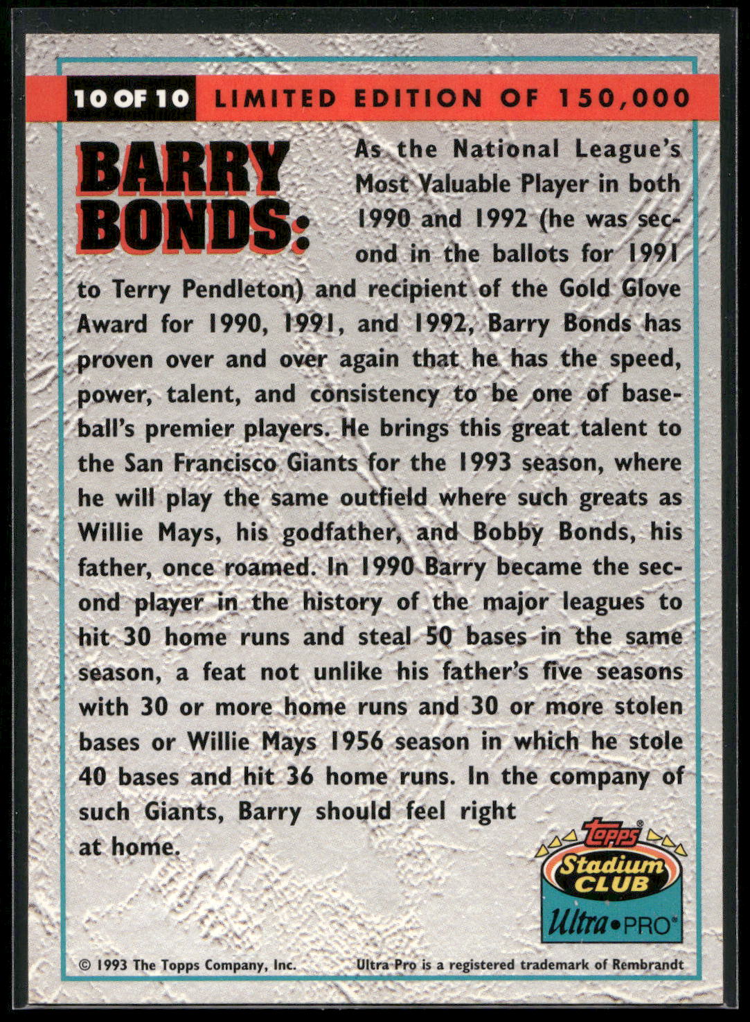 1993 Stadium Club Ultra-Pro #10 Barry Bonds