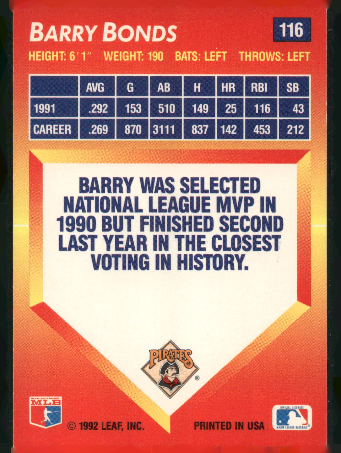 1992 Triple Play #116 Barry Bonds