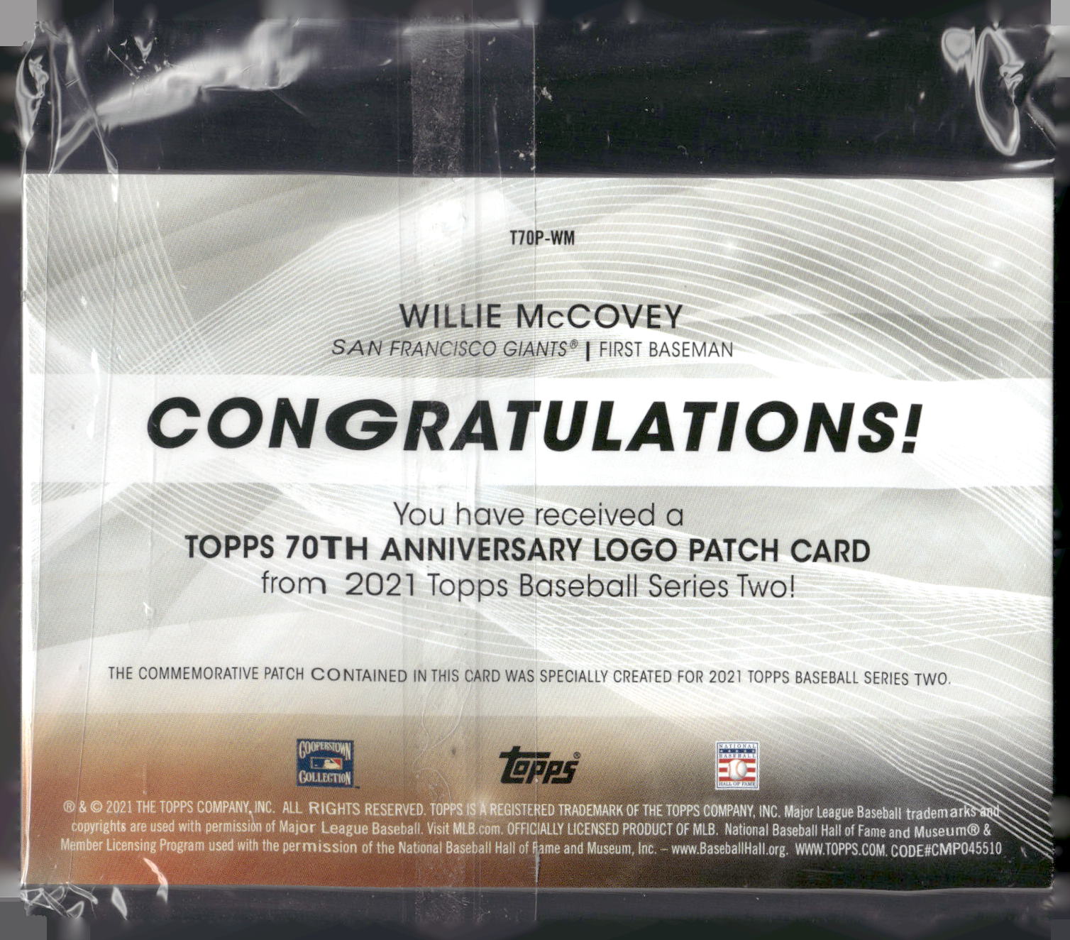 2021 Topps #T70P-WM Willie McCovey 70th Anniversary Logo Patch (Series 2)