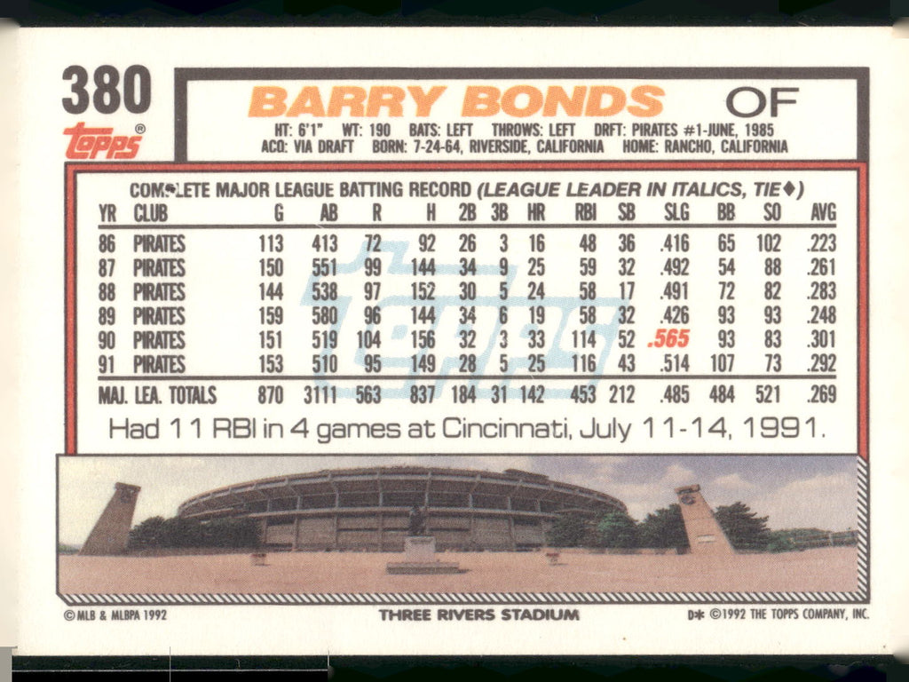 1992 Topps #380 Barry Bonds
