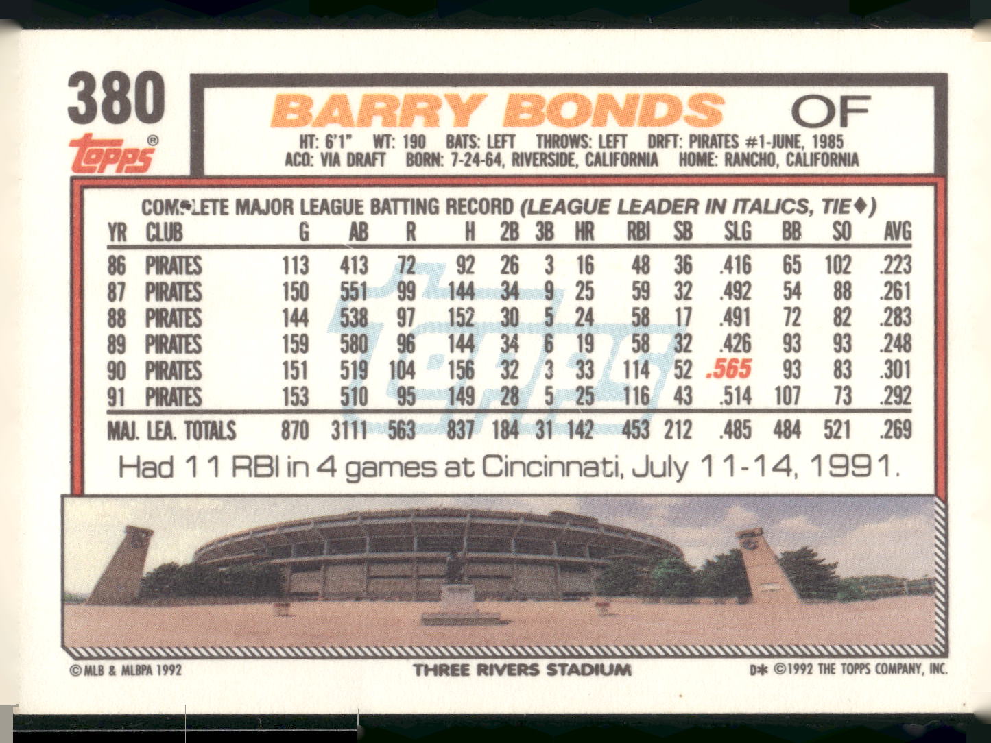 1992 Topps #380 Barry Bonds