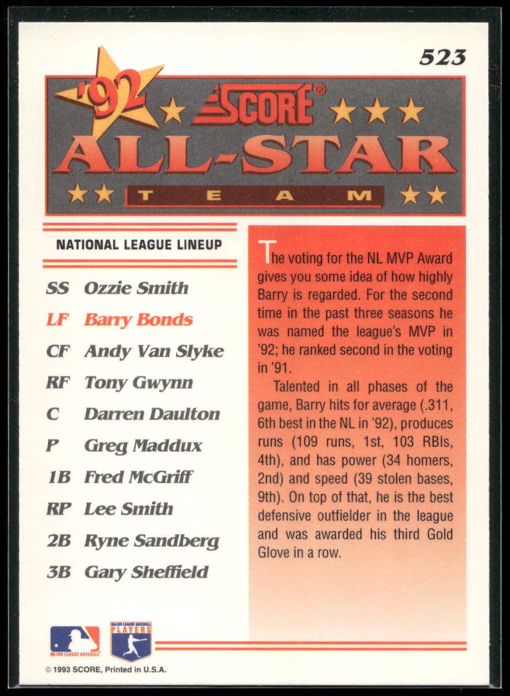 1993 Score #523 Barry Bonds