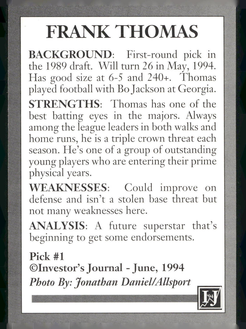 1994 Investor's Journal Gold Prism (unlicensed) #1 Frank Thomas