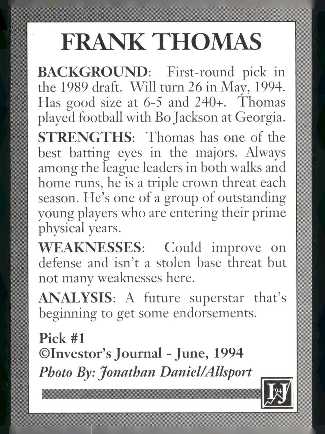 1994 Investor's Journal Gold Prism (unlicensed) #1 Frank Thomas