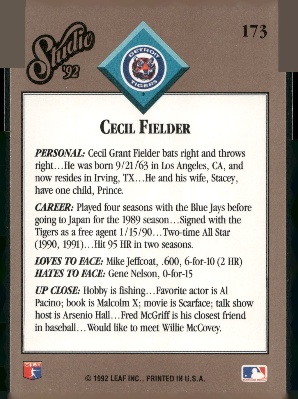 1992 Studio #173 Cecil Fielder
