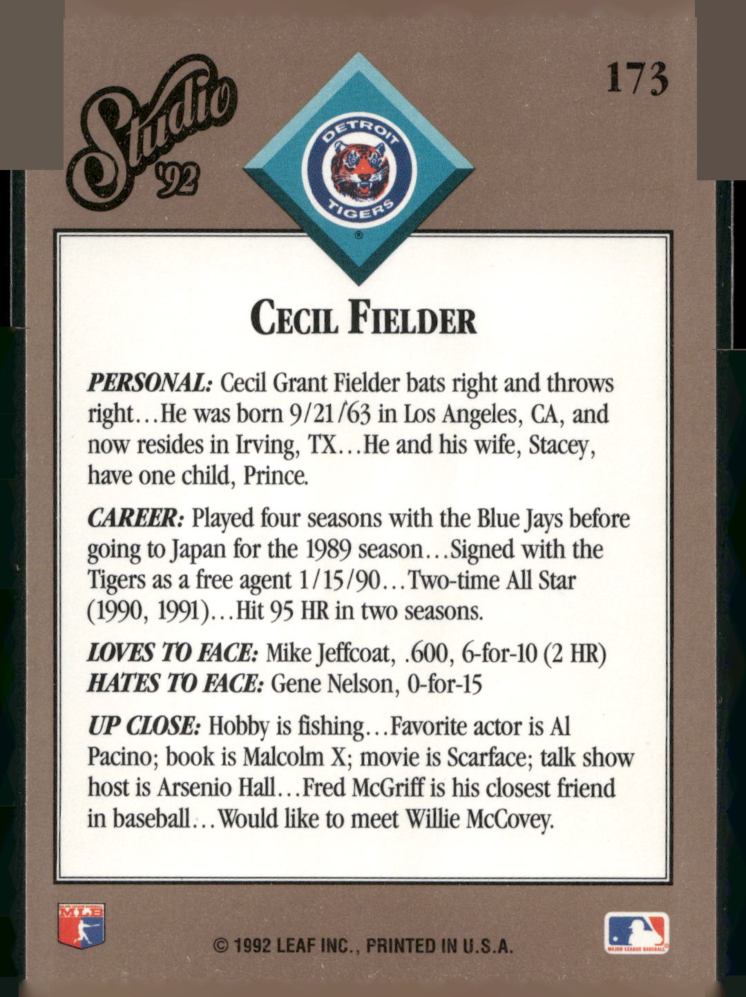 1992 Studio #173 Cecil Fielder