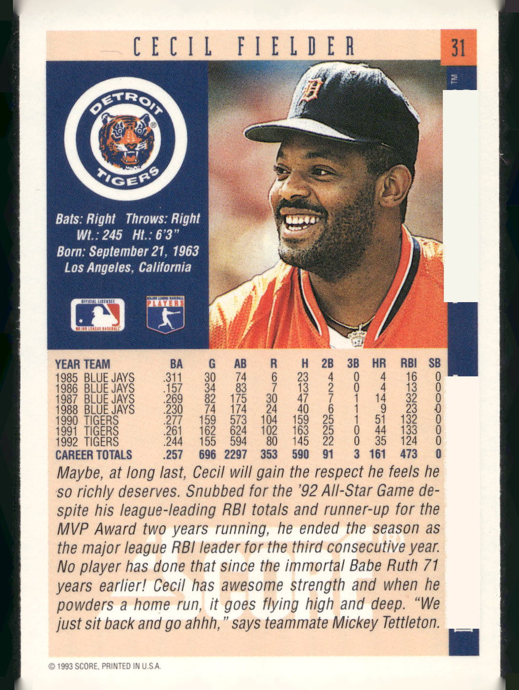 1993 Score #31 Cecil Fielder