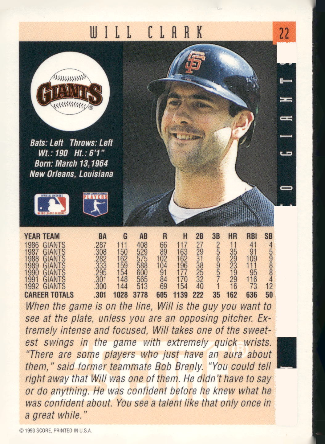 1993 Score #22 Will Clark