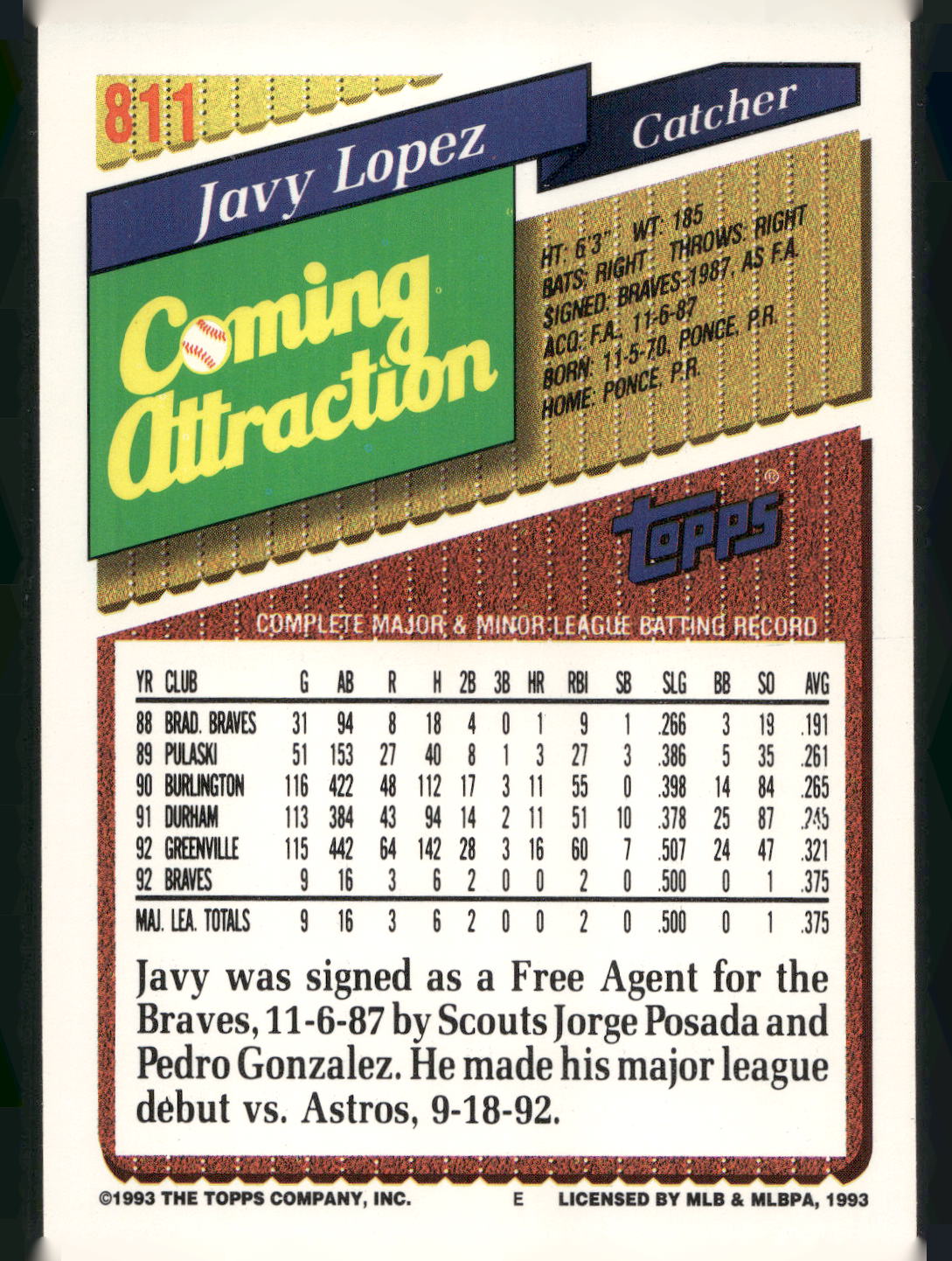 1993 Topps #811 Javy Lopez