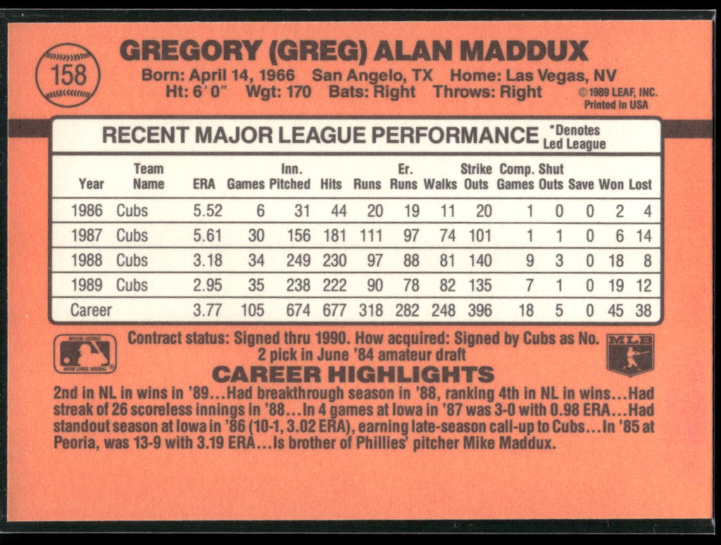 1990 Donruss #158 Greg Maddux