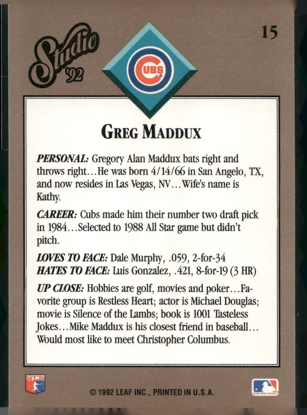 1992 Studio #15 Greg Maddux