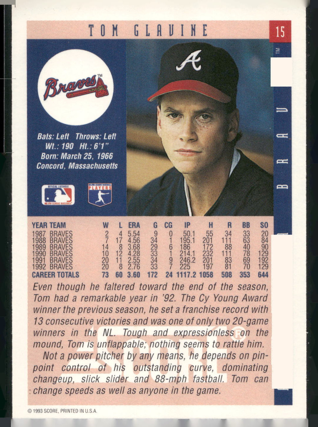 1993 Score #15 Tom Glavine