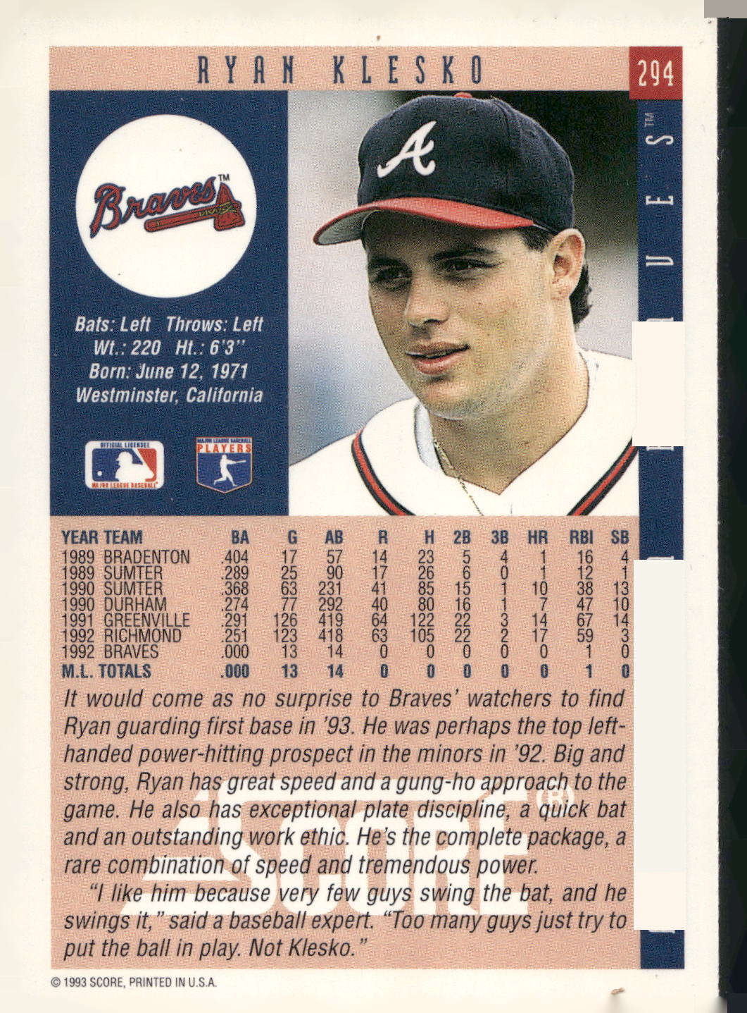 1993 Score #294 Ryan Klesko