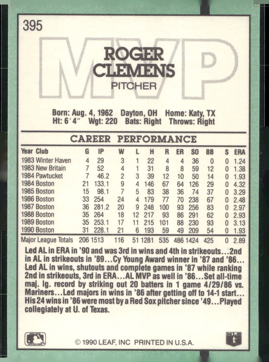 1991 Donruss #395 Roger Clemens