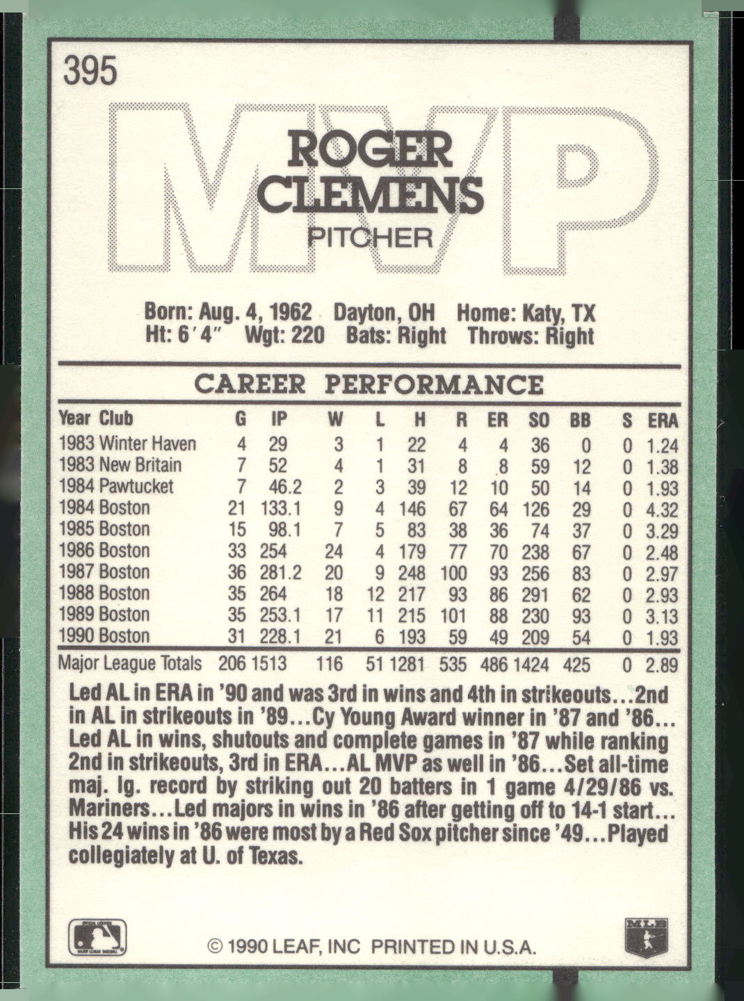 1991 Donruss #395 Roger Clemens