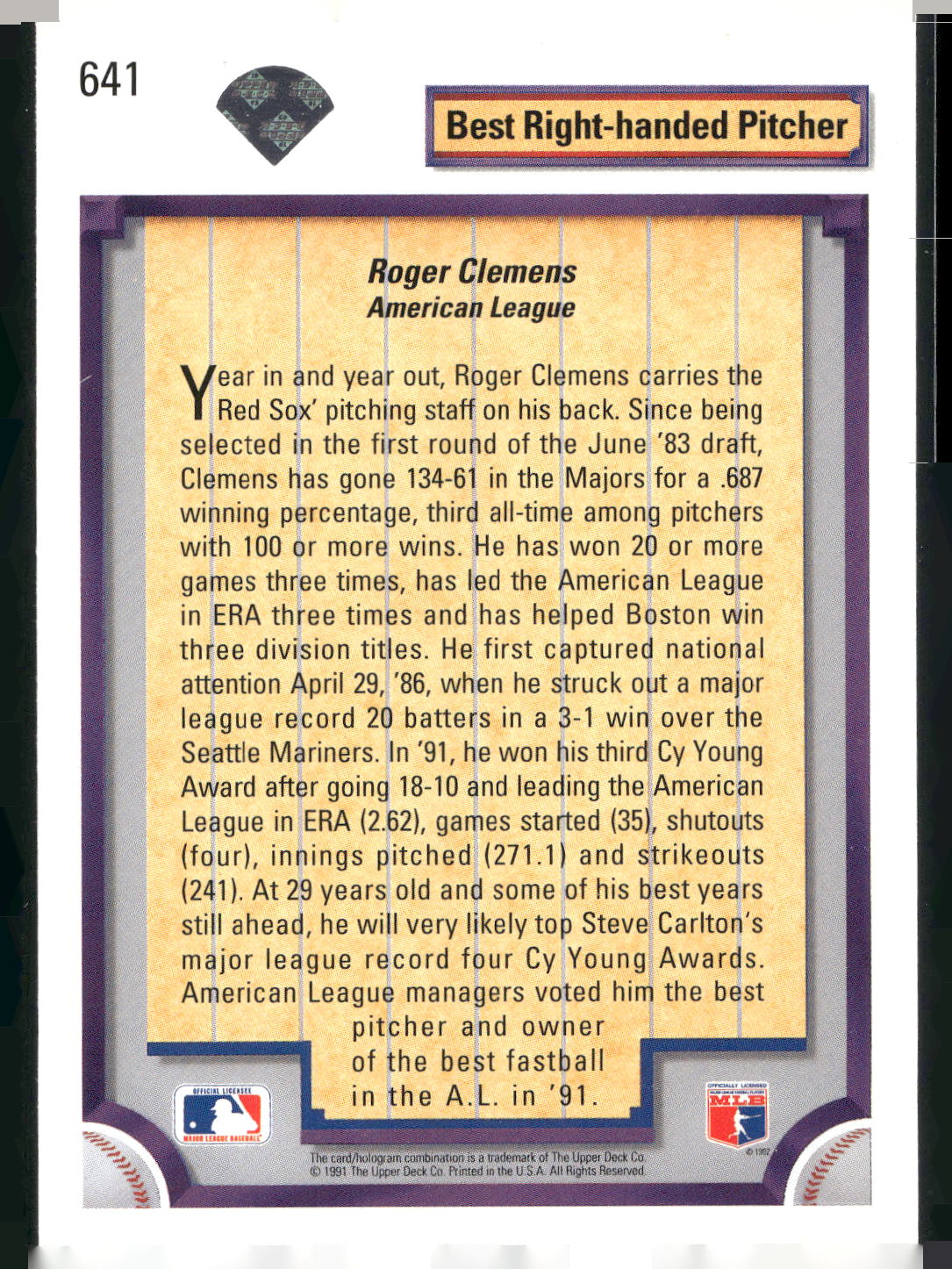 1992 Upper Deck #641 Roger Clemens