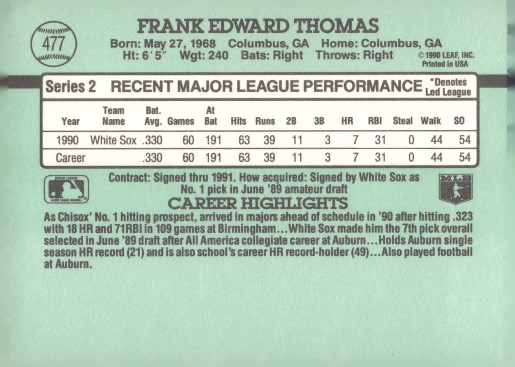 1991 Donruss #477 Frank Thomas