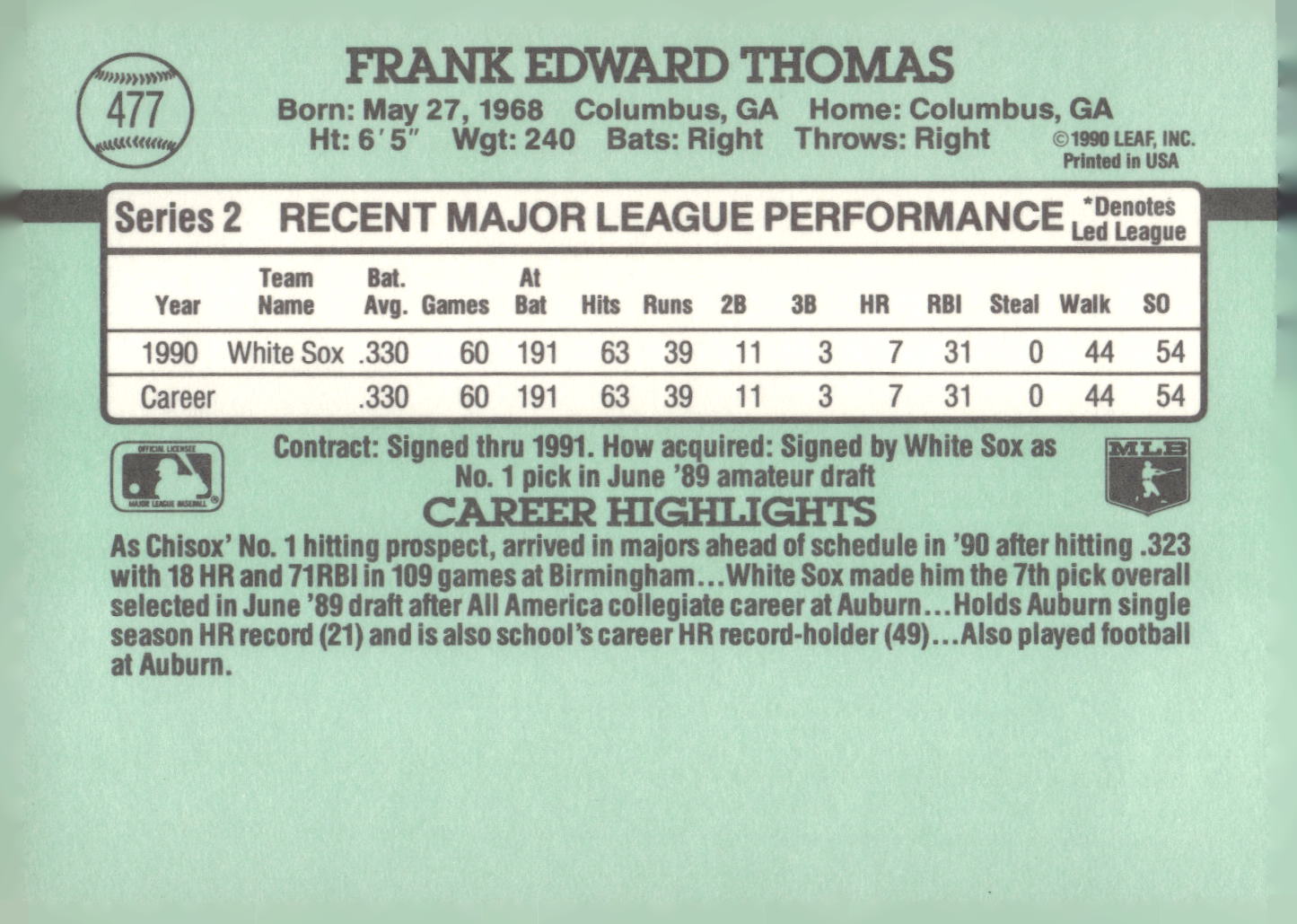 1991 Donruss #477 Frank Thomas