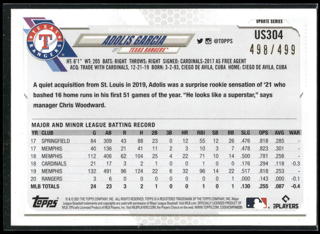 2021 Topps Update #US304 Adolis Garcia Green Foilboard #/499