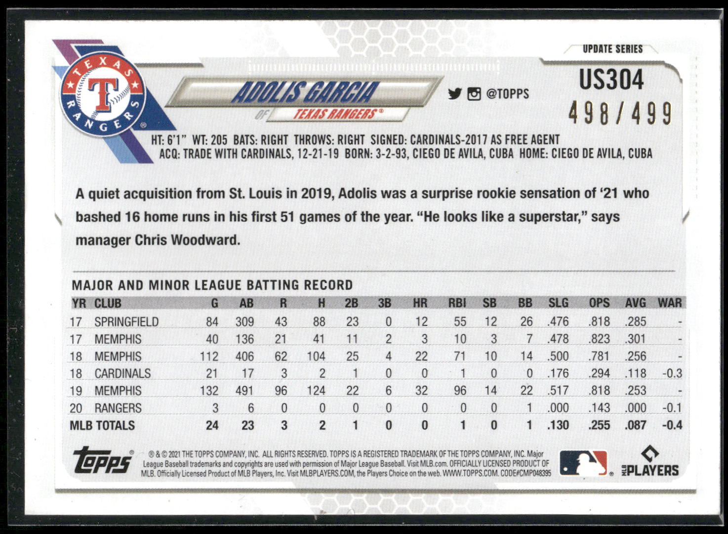 2021 Topps Update #US304 Adolis Garcia Green Foilboard #/499