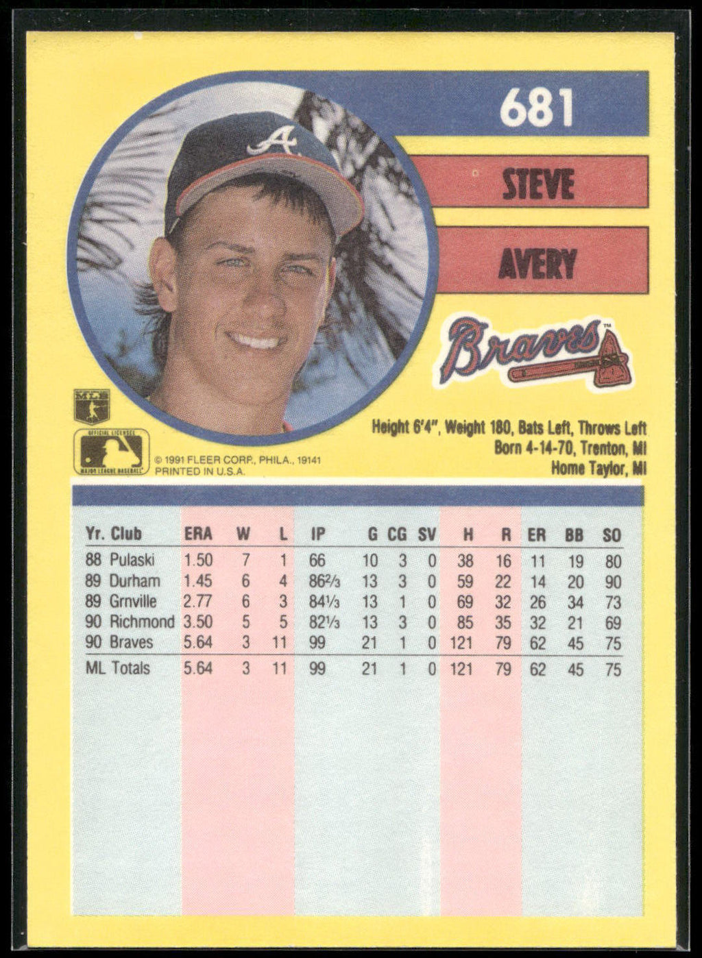 1991 Fleer #681 Steve Avery