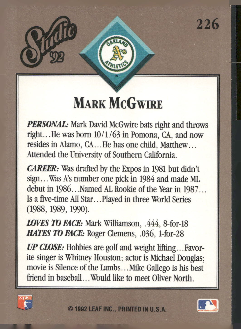 1992 Studio #226 Mark McGwire