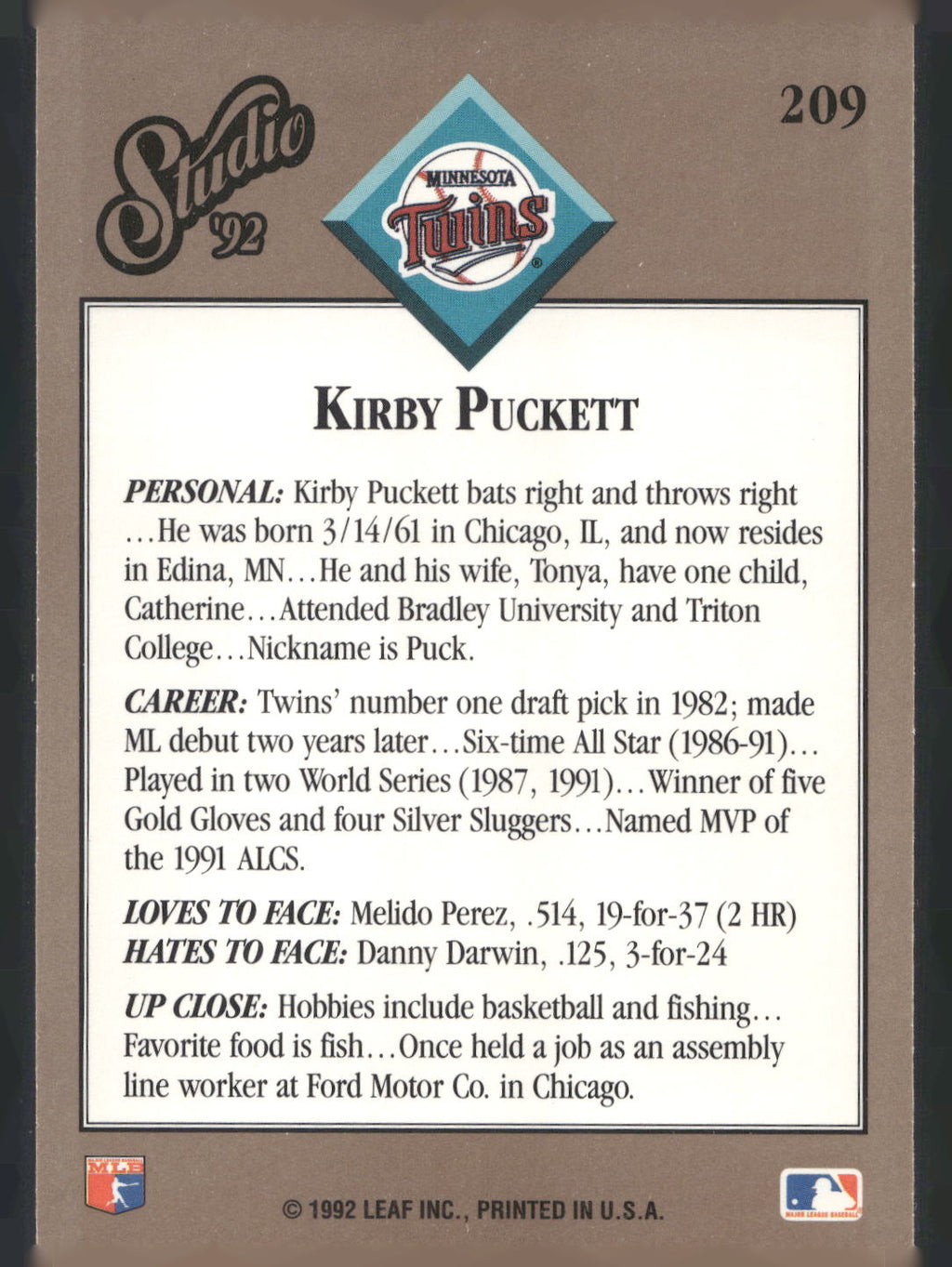 1992 Studio #209 Kirby Puckett