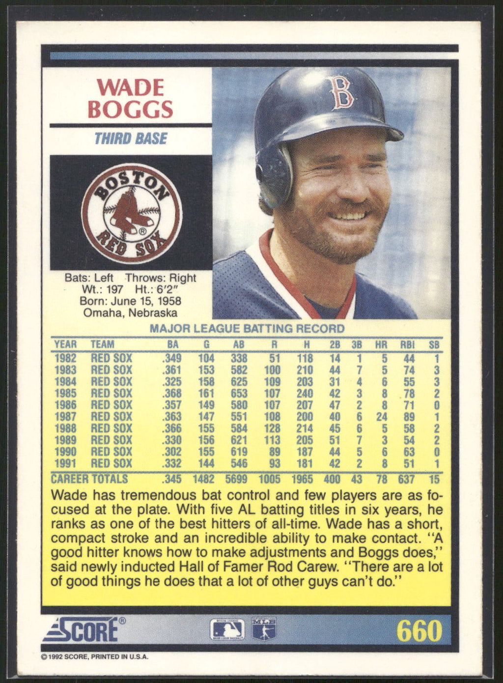 1992 Score #660 Wade Boggs