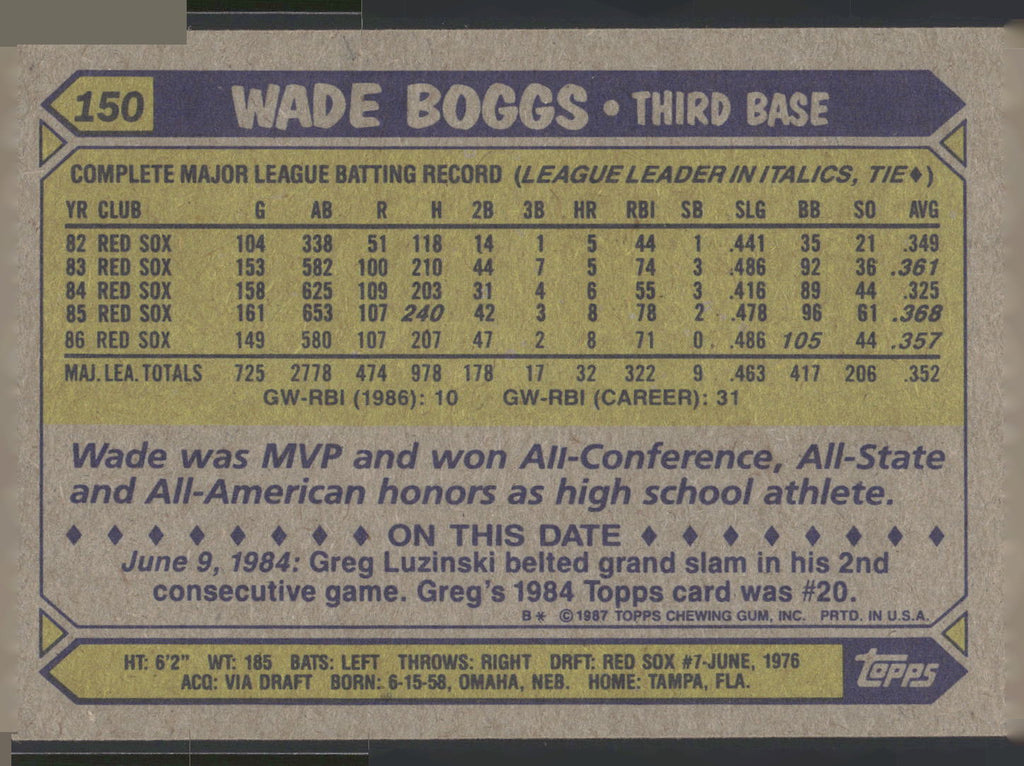 1987 Topps #150 Wade Boggs