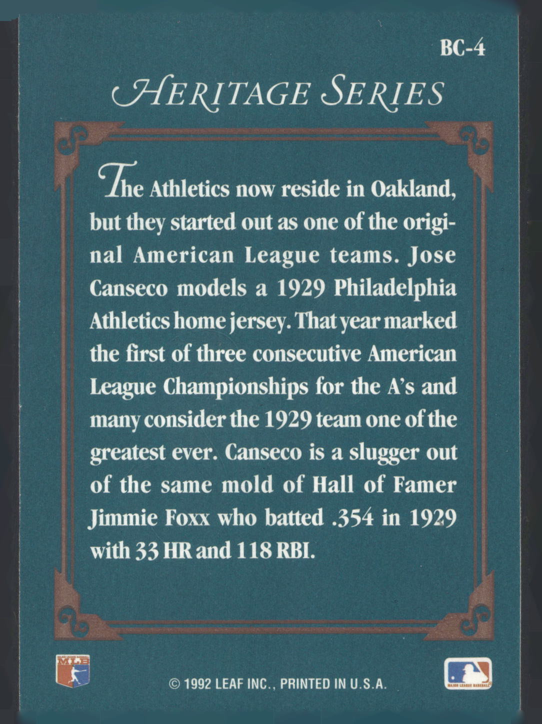 1992 Studio #BC-4 Jose Canseco Heritage