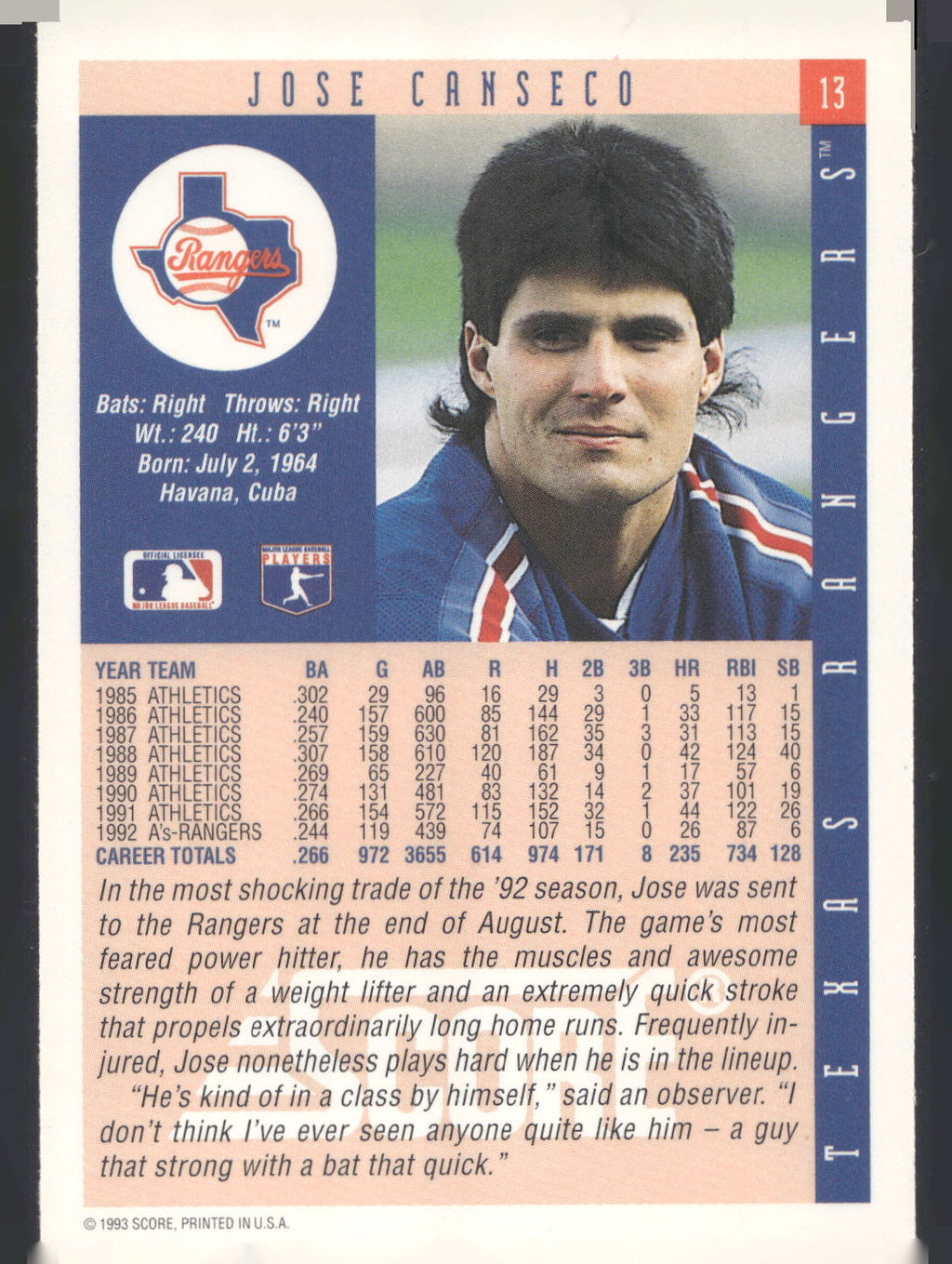 1993 Score #13 Jose Canseco