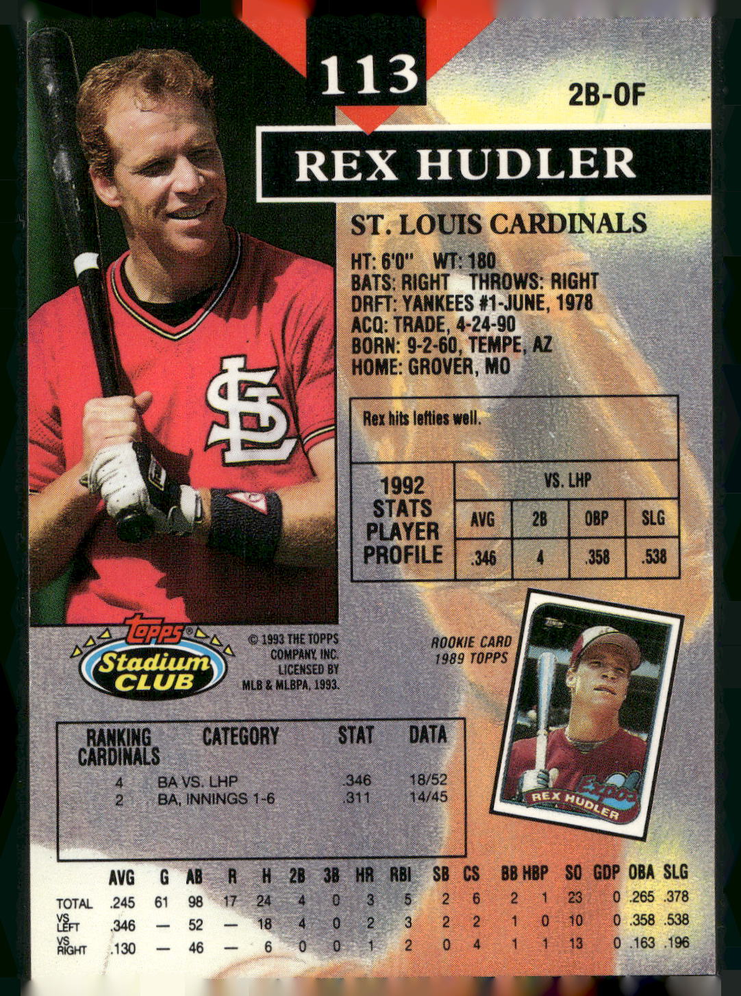 1993 Stadium Club #113 Rex Hudler
